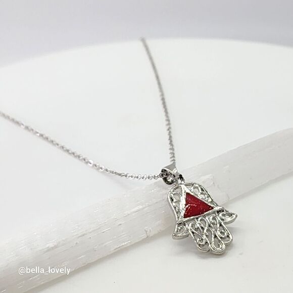 Red Silver Toned Ethnic Hamsa Hand of Fatima Necklace Jewelry Gift - Picture 2 of 2